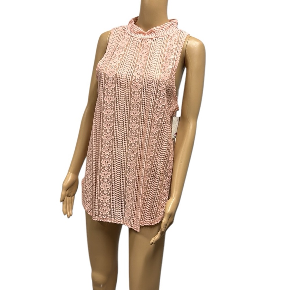Kali Reve Pink Lace Sleeveless Keyhole Back Semi Sheer Tank Blouse Womens XL